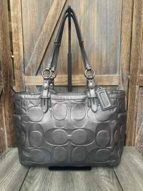 Coach F1049-F15242 Metallic Gray Gunmetal Embossed Leather Satchel Tote Bag